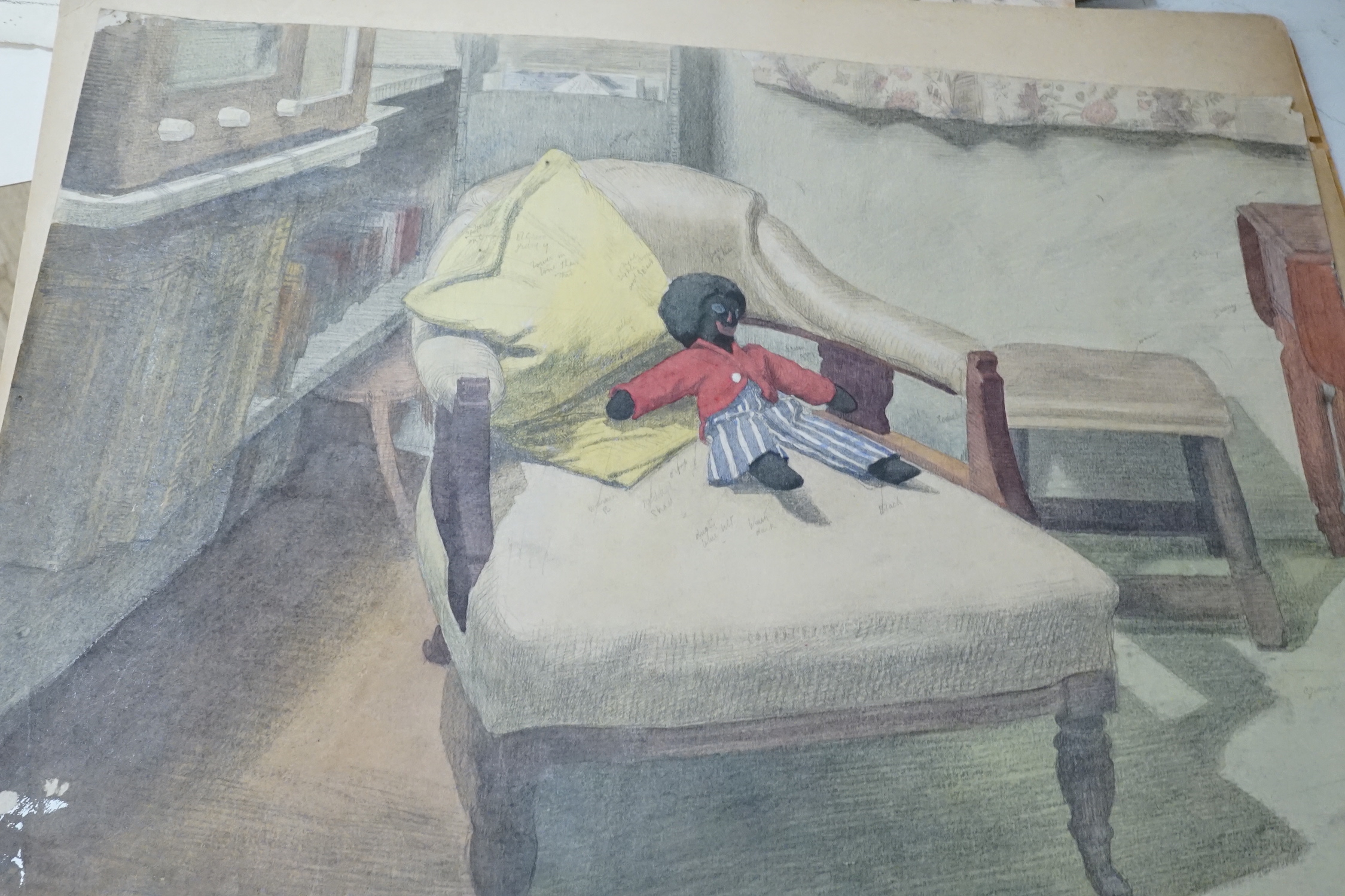Hubert Arthur Finney (1905-1991), three drawings and a lithograph, Nude studies and Doll on an armchair, some inscribed, largest 39 x 53cm, unframed